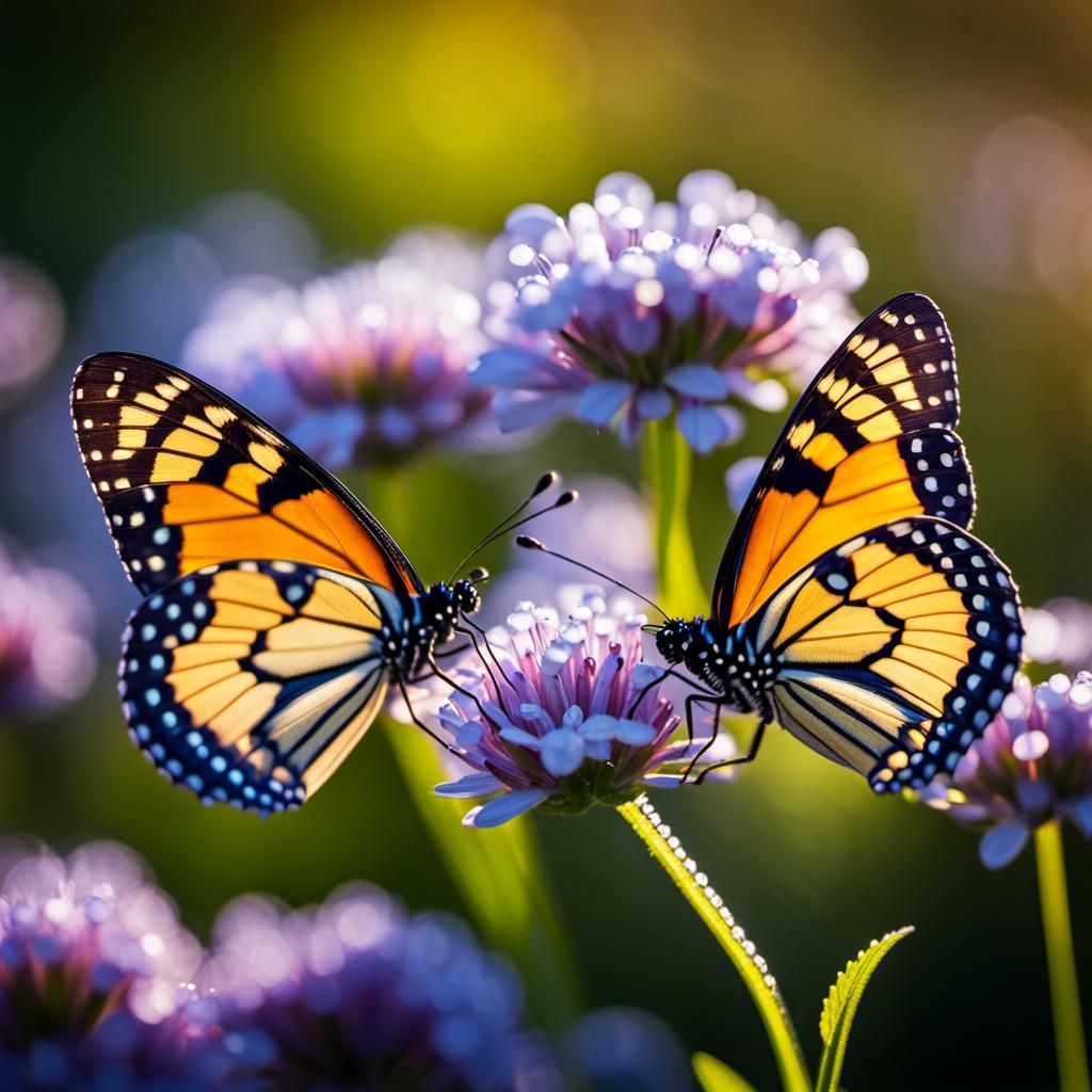 Butterflies on Purple Flower, Macro Photography, Golden Hour