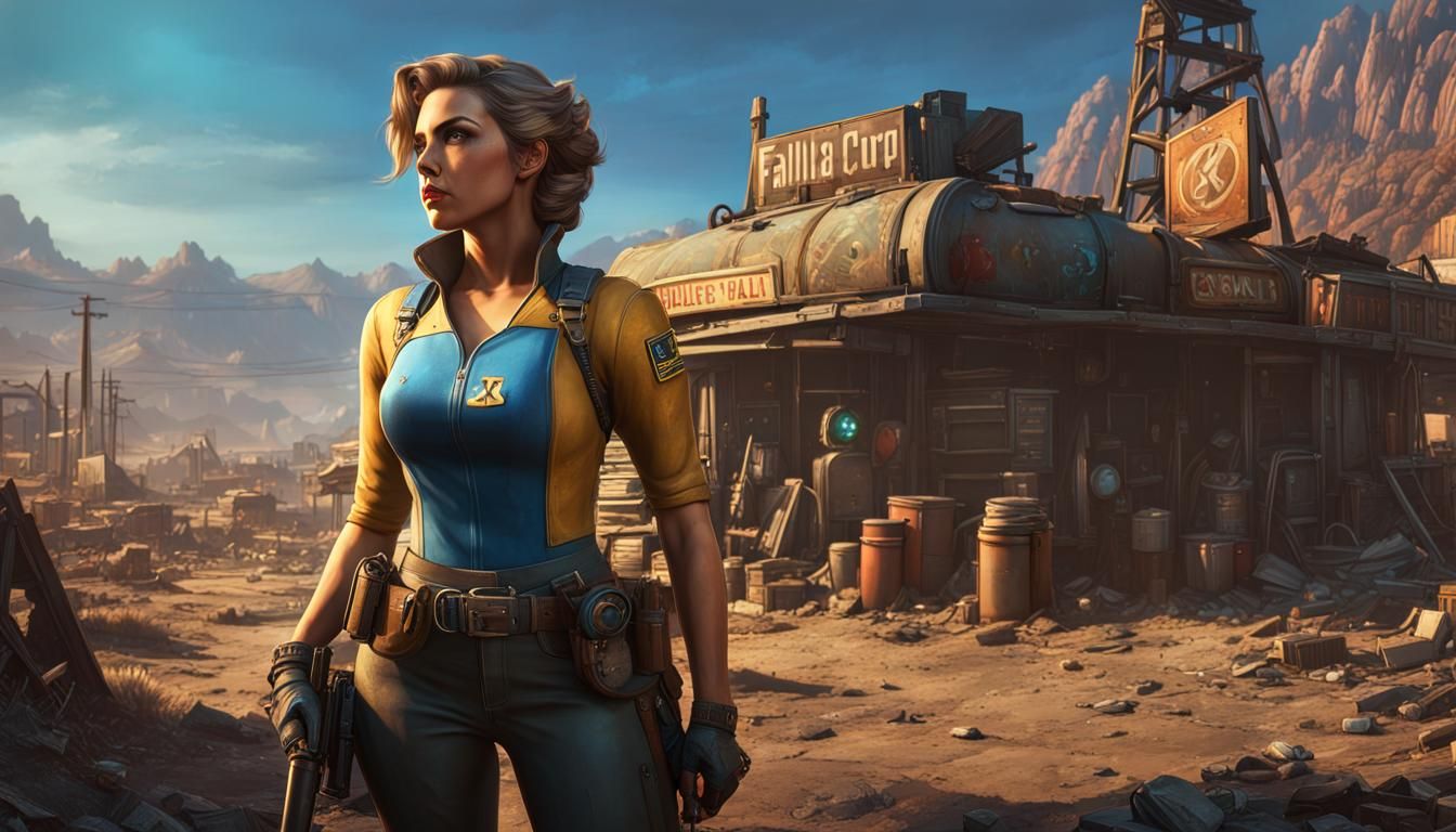 Vault Girl in Wasteland Town: Hyperrealistic Splash Art