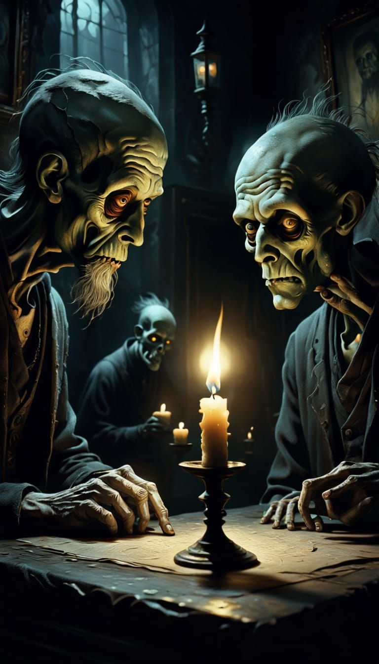 Eerie Surrealism: Figures in Candlelight, Oil Painting Style