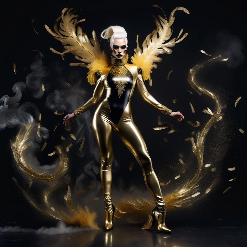 Golden Latex Man with Swirling Smoke