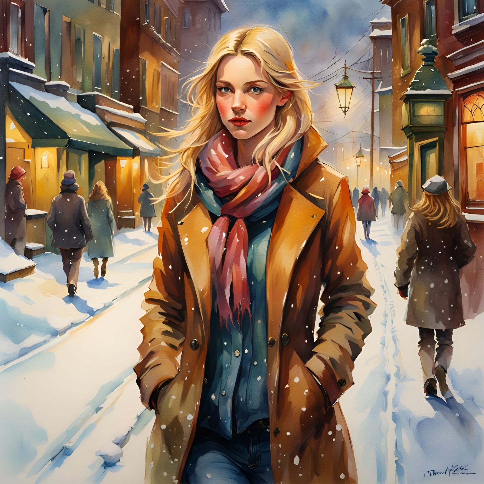 Blonde Girl in Snowy Town, Loose Watercolor Style