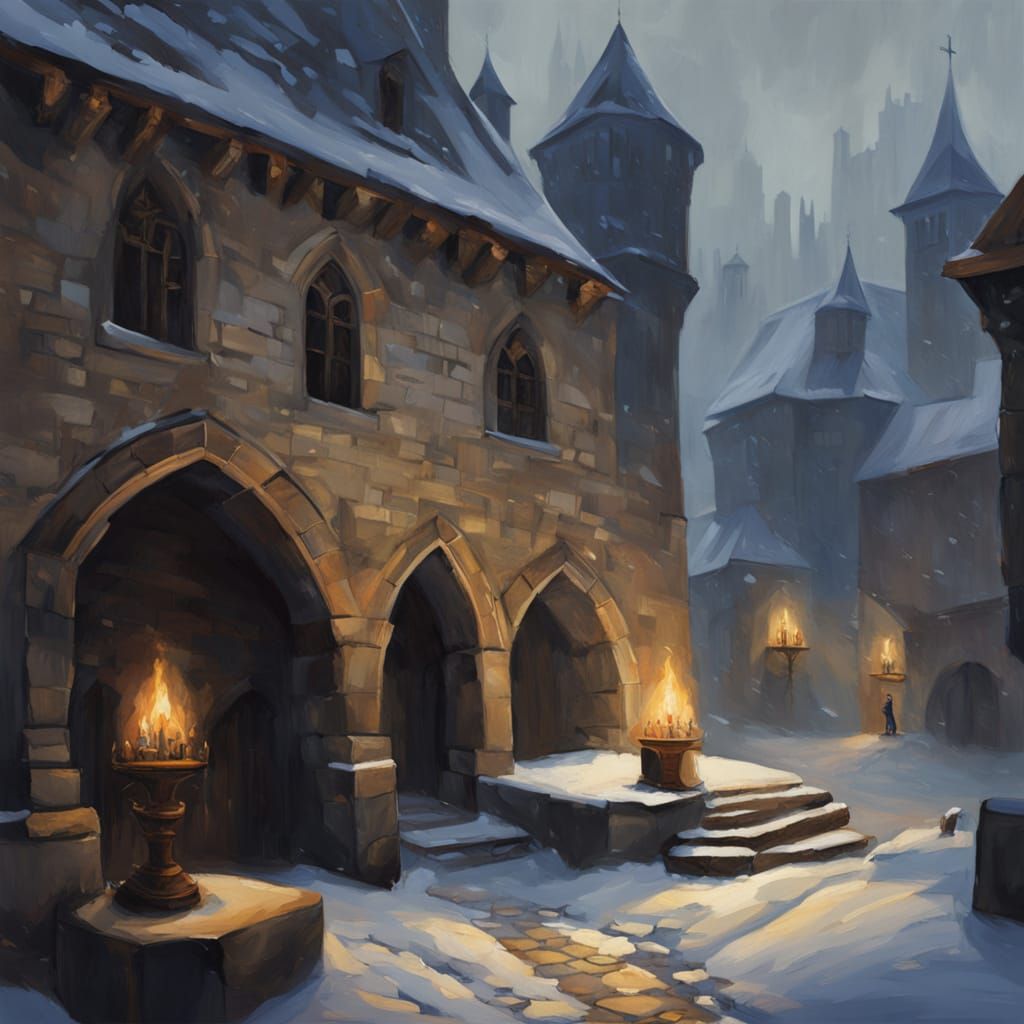 Medieval Castle Courtyard in Winter: An Impasto Oil Painting