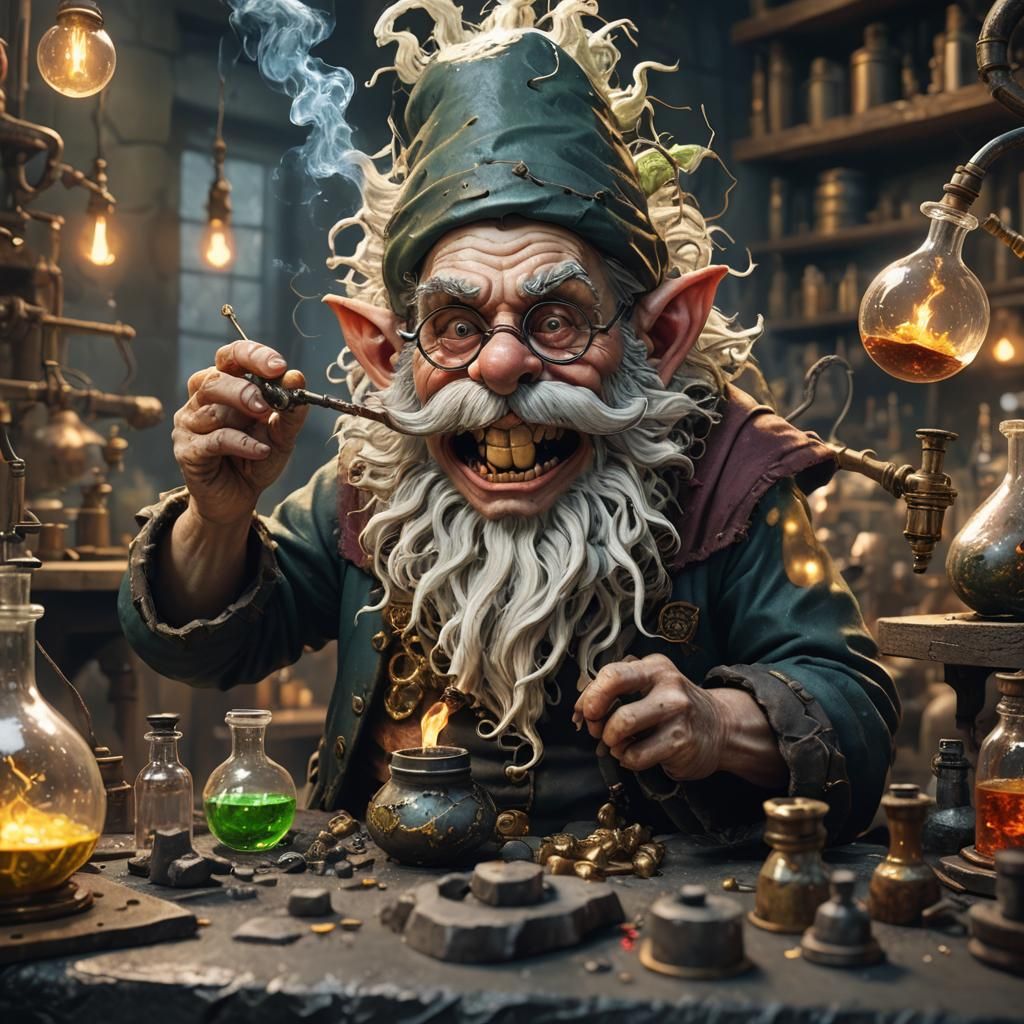 Frankensteinian Gnome Alchemist at Work