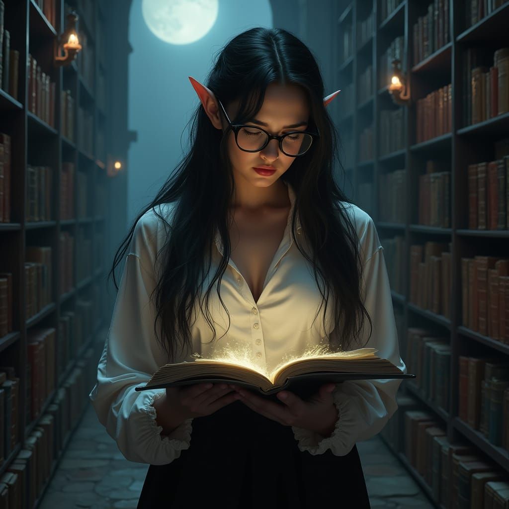 Elf Reads Glowing Book in Gothic Library