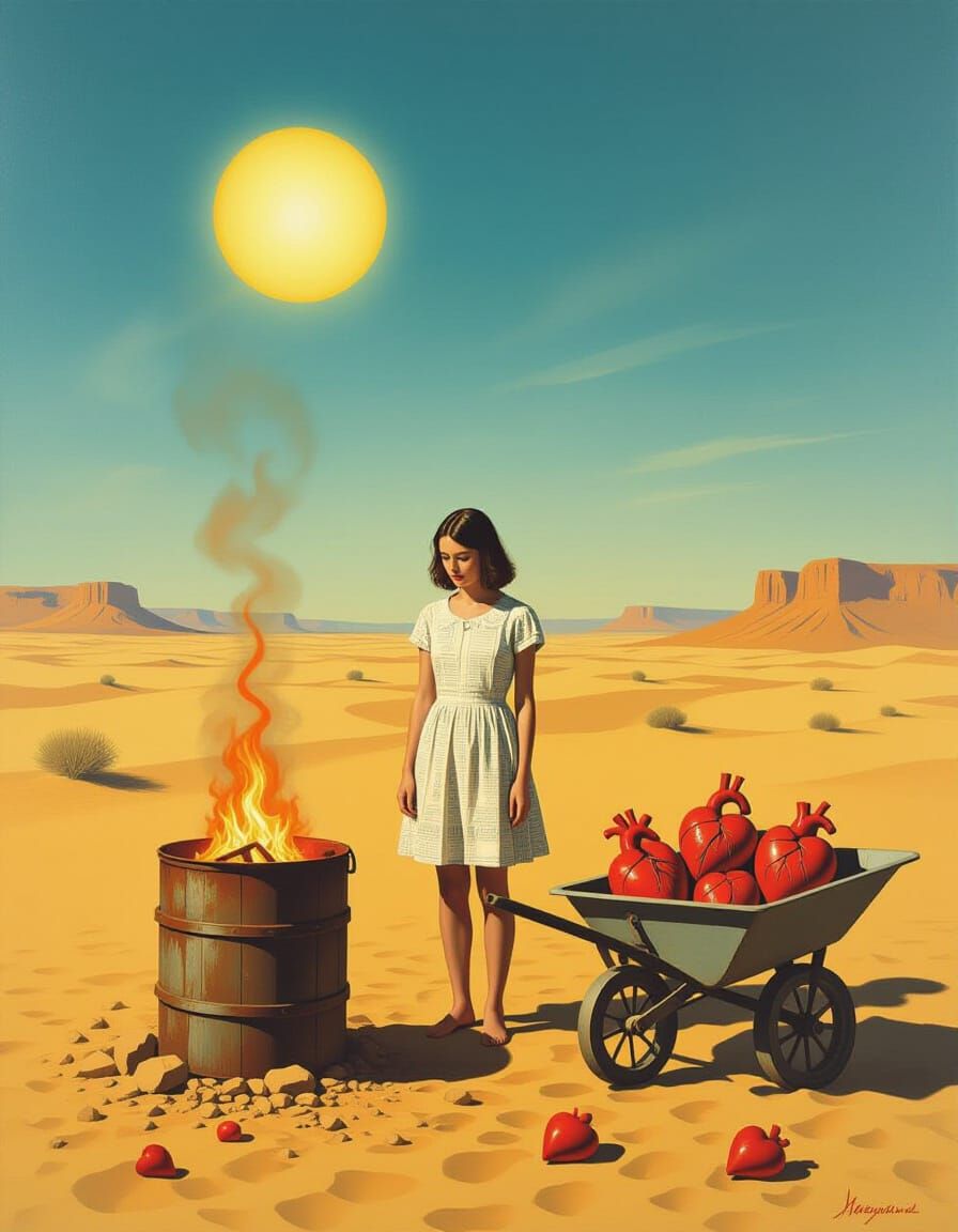 Surreal Desert Scene: Woman of Paper by Burning Barrel