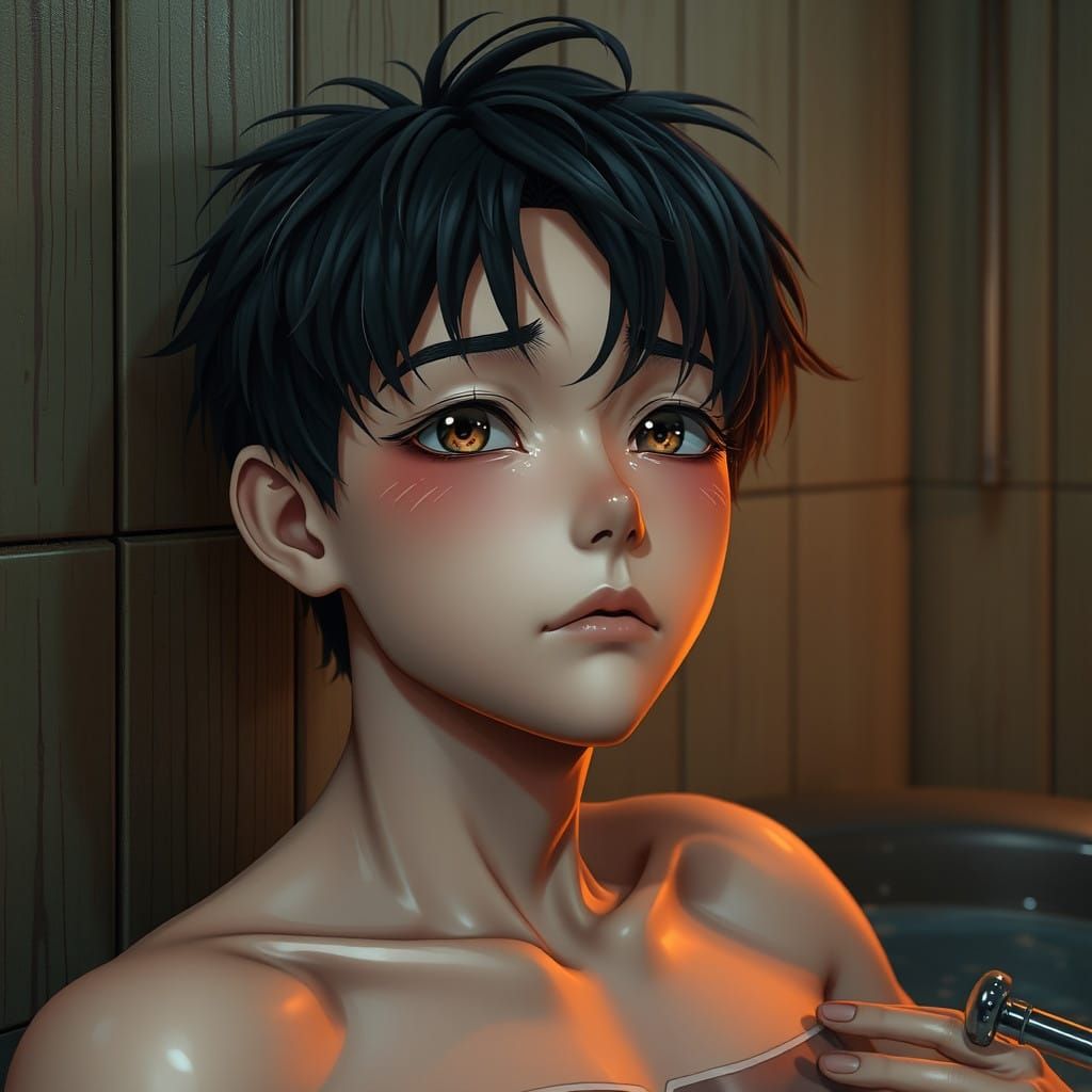 Tired Youth in Steam Room, Anime-Inspired 3D Art