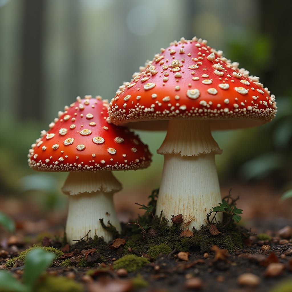 Amanita Mushrooms in Whimsical Forest Setting