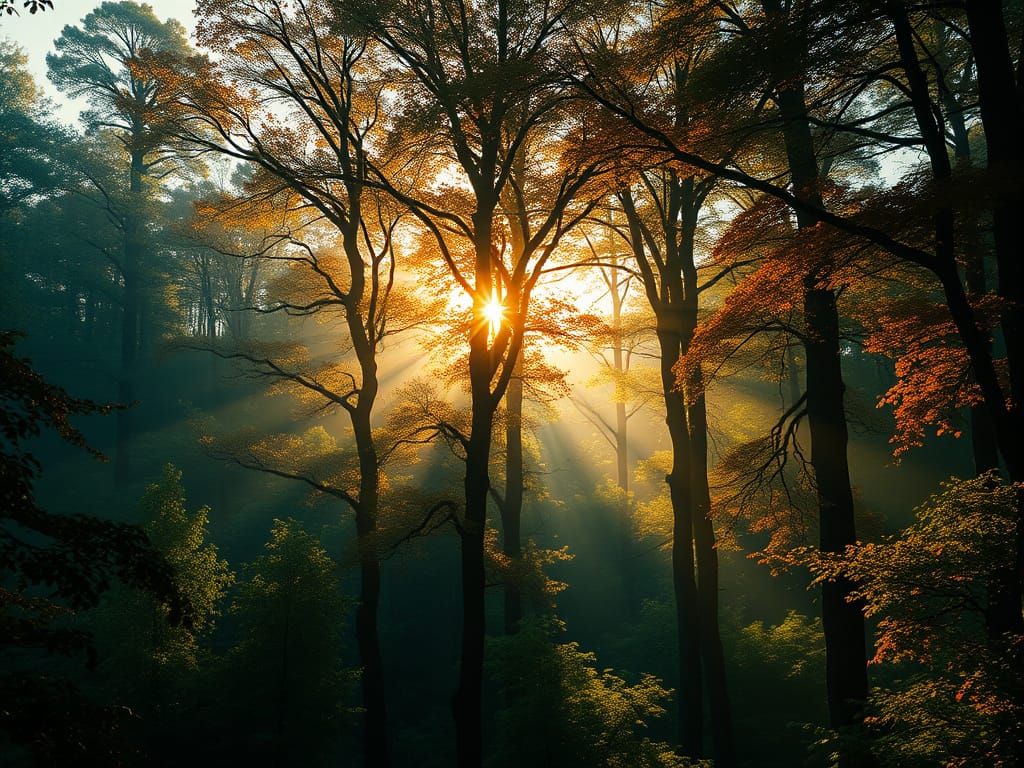 Autumn Forest Sunset in Pre-Raphaelite Style