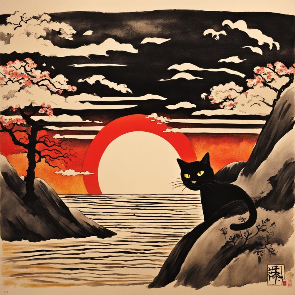 Tuxedo Cat Shouts in Shock, Japanese Water Scene, Traditiona...