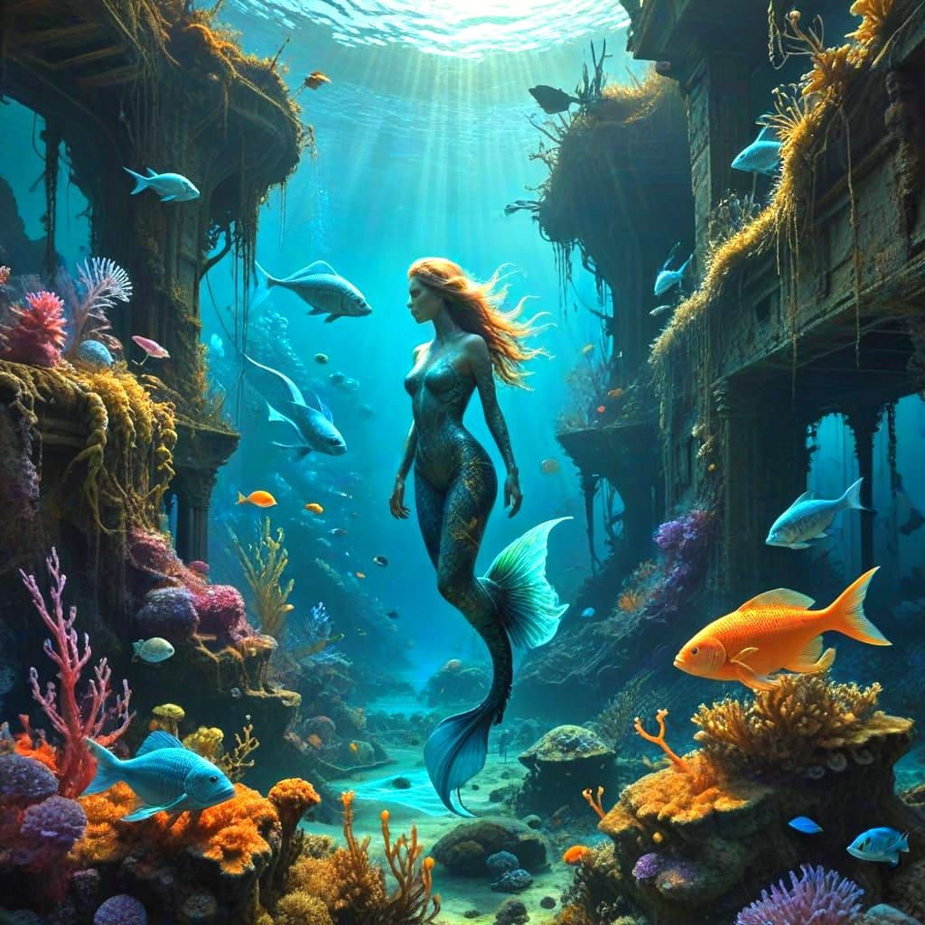 Ethereal Mermaids Amidst Sunken Shipwreck