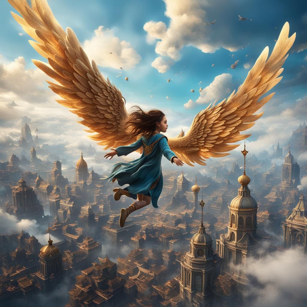Fantastical Young Girl Angelic Flight