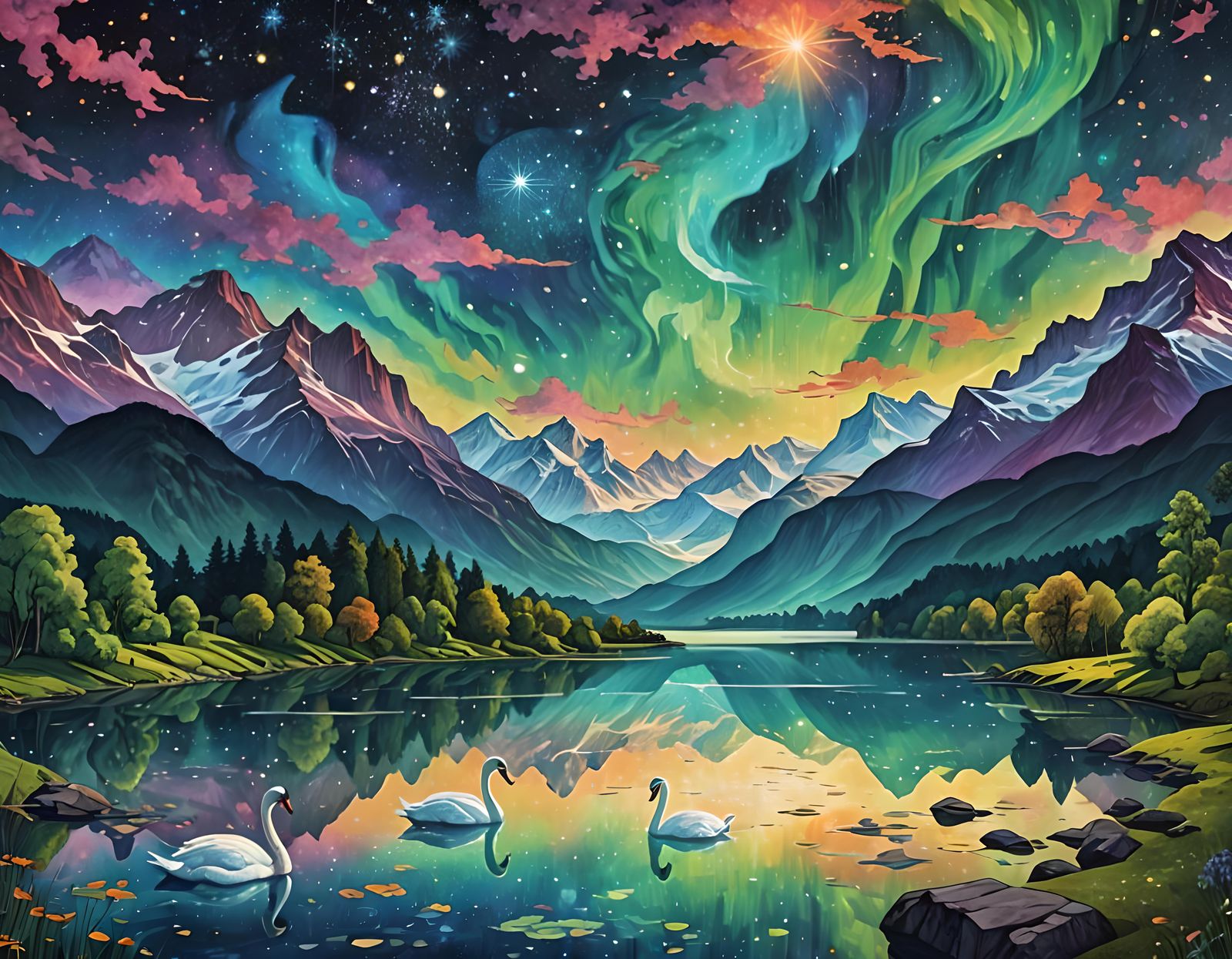 Swan Lake Landscape with Aurora in Cosmic Style