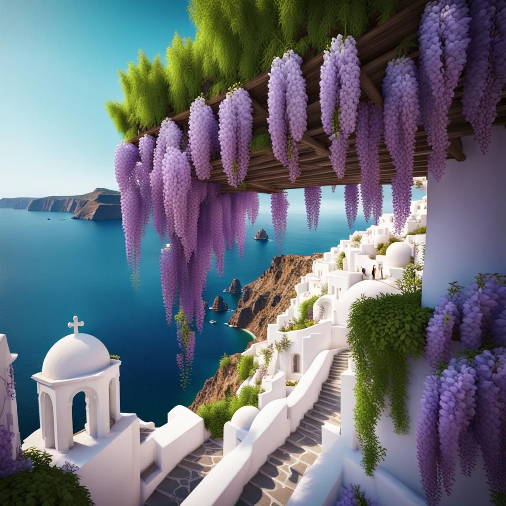 Wisteria in Santorini: A Hyper-Realistic 8K View