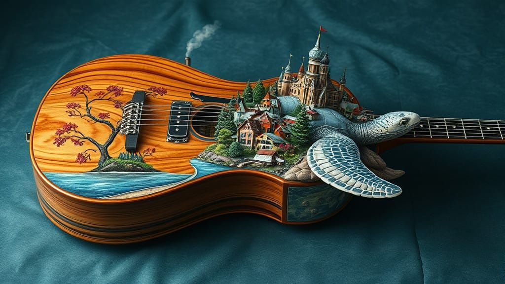 Fantastical Guitar with Whimsical Village and Dreamlike Land...