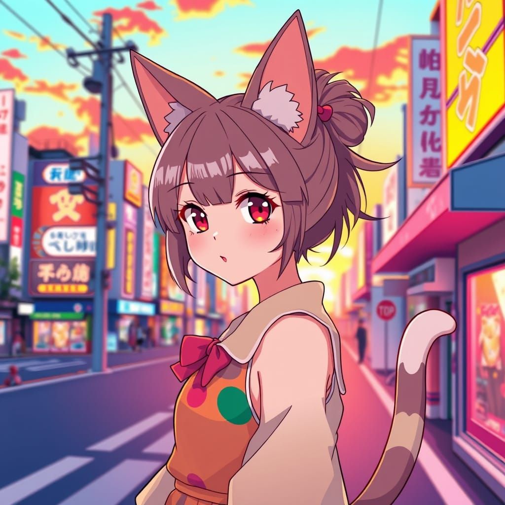 Surreal Anime Neko Girl Walks Tokyo Streets at Sunset