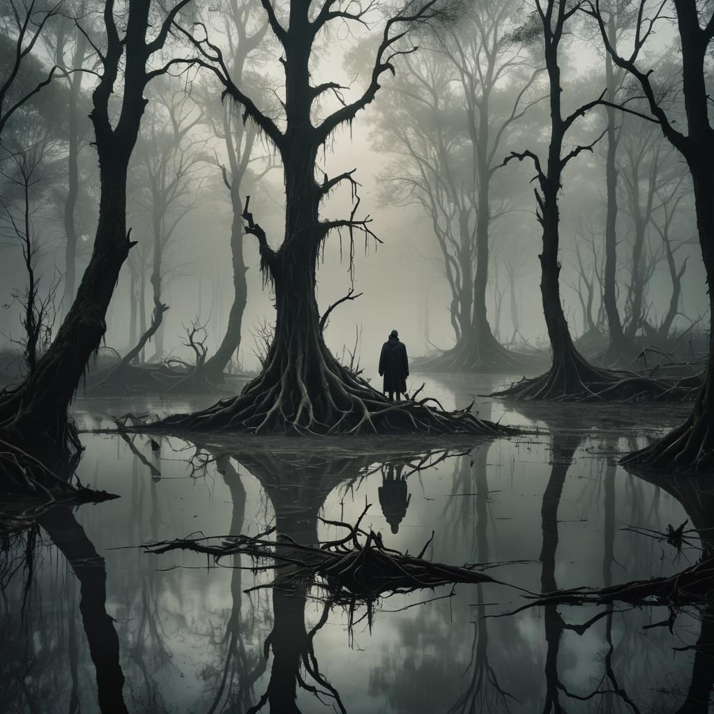Eerie Dark Fantasy Landscape with Twisted Trees