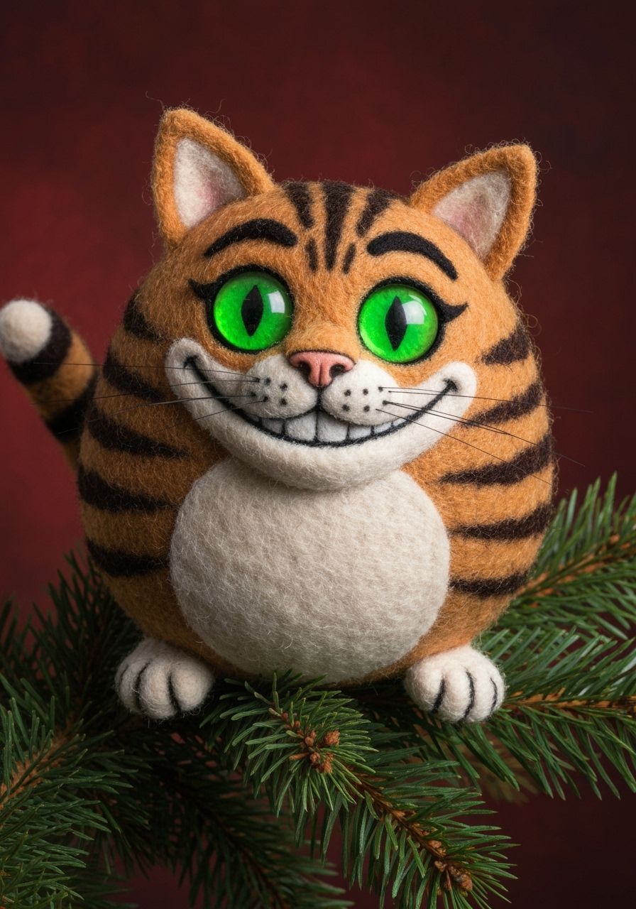Felt Tabby-Cat Toy with Glowing Eyes on Holiday Tree