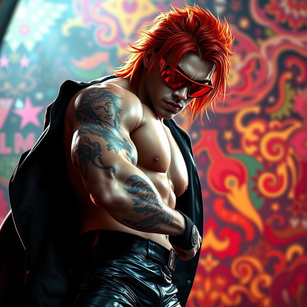 Powerful Wrestler in Fiery Red Hair and Black Leather, Splas...