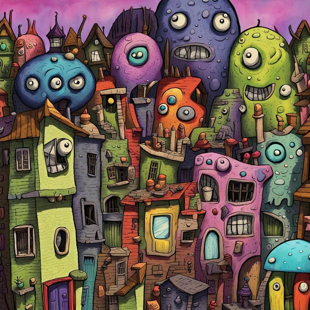 Quirky Monster Buildings in a Weirdcore Street Scene