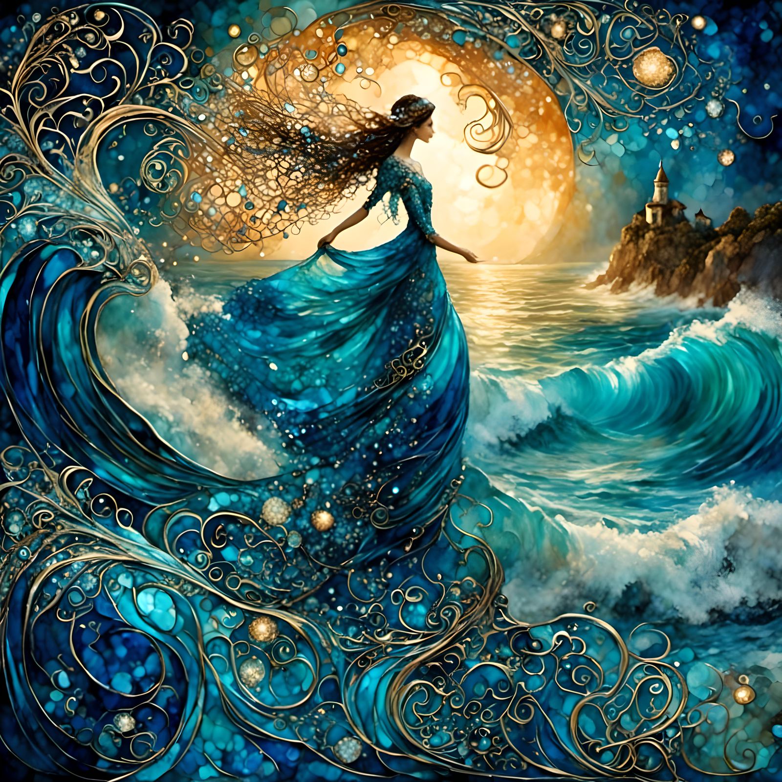 Glowing Blue Apple by the Ocean