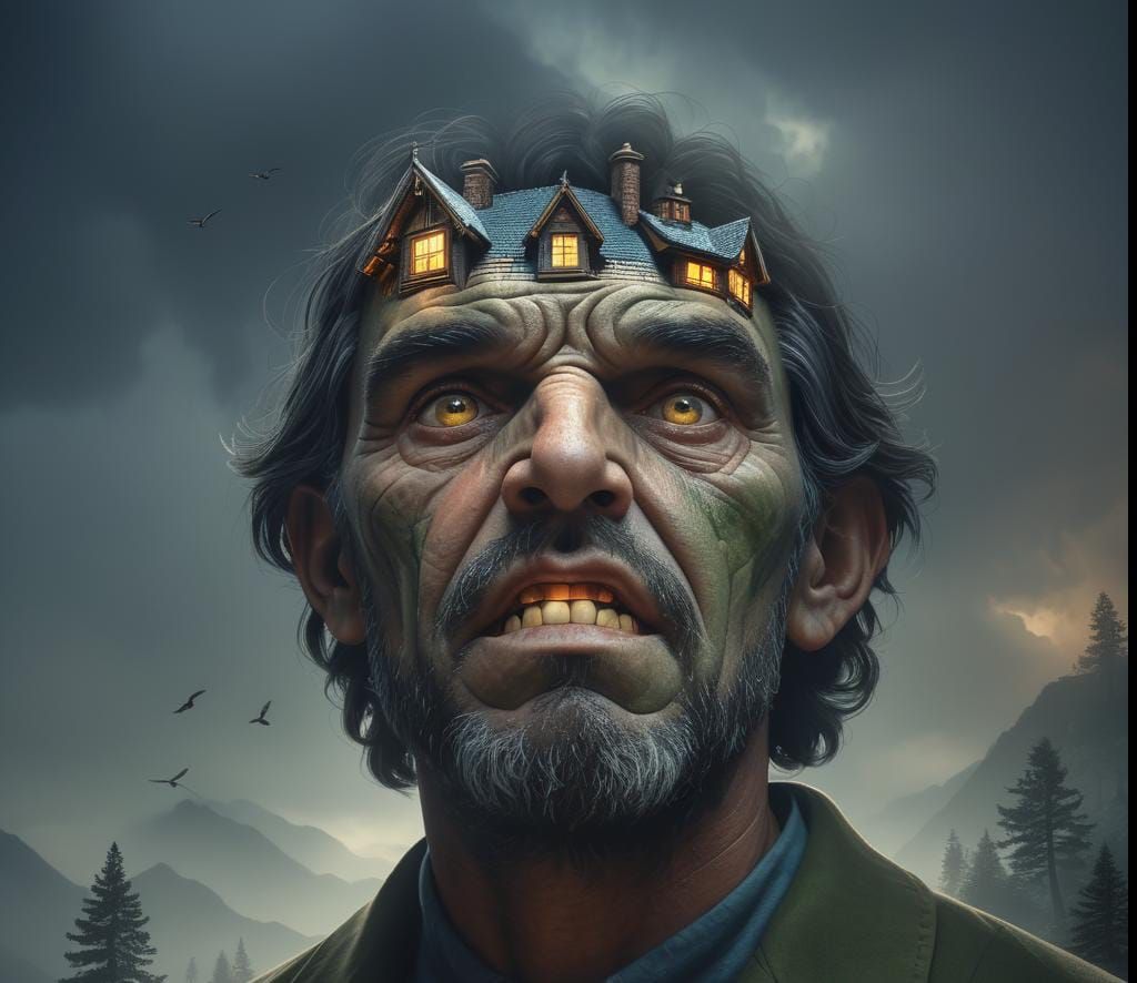 Cozy Home in Giant's Face: Hyperrealistic HDR