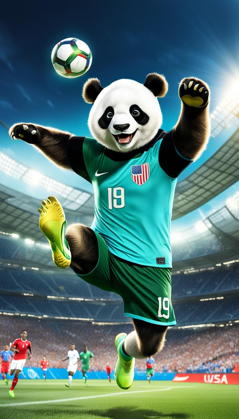 Anthropomorphic a PANDA, mid-leap, herd mentality, energy, speed, coordination, agility, with adorning USA soccer outfit...