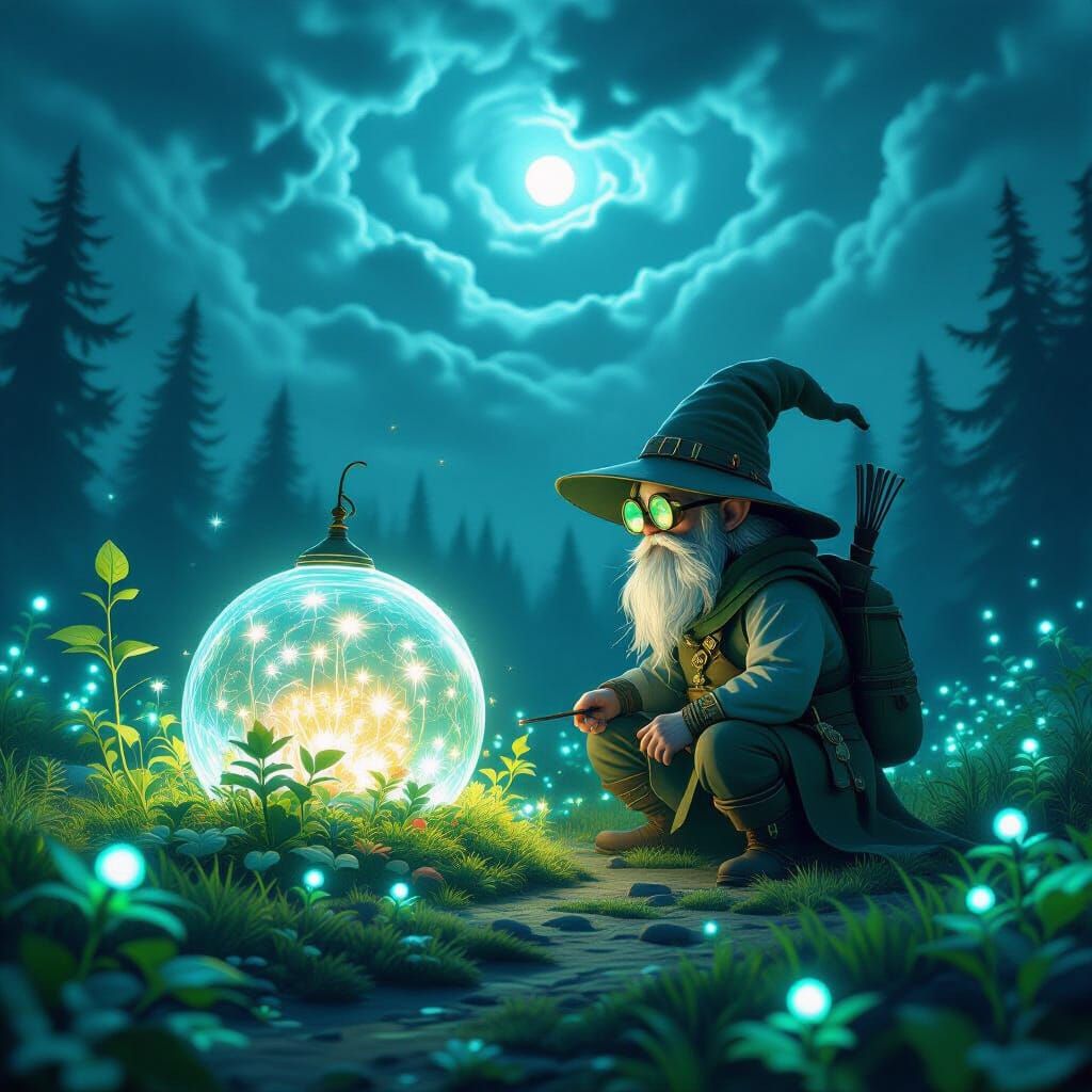 Halfling Tends Bioluminescent Garden in Ethereal Forest