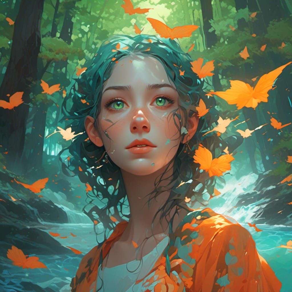 Green-Eyed Girl with Waterfall and Trees Portrait