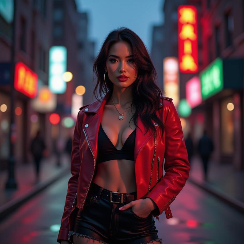 Street Style Woman in Red Leather, Golden Hour Glow