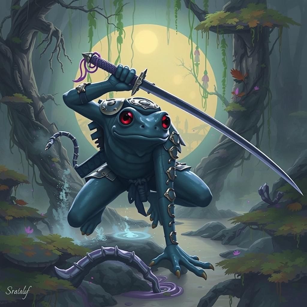 Samurai Frog in Iridescent Jungle, Mystical Ambiance
