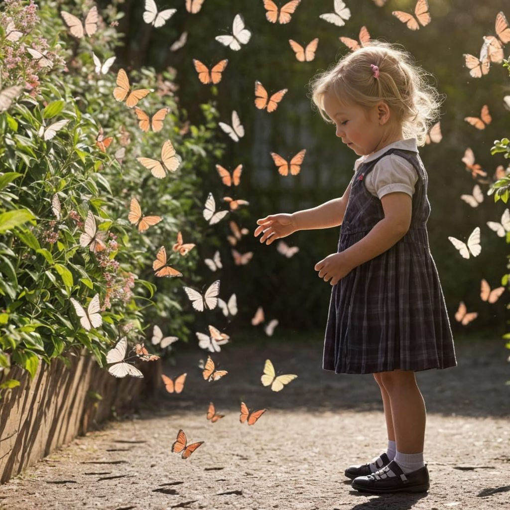Girl Surrounded by Iridescent Butterflies in a British Playg...