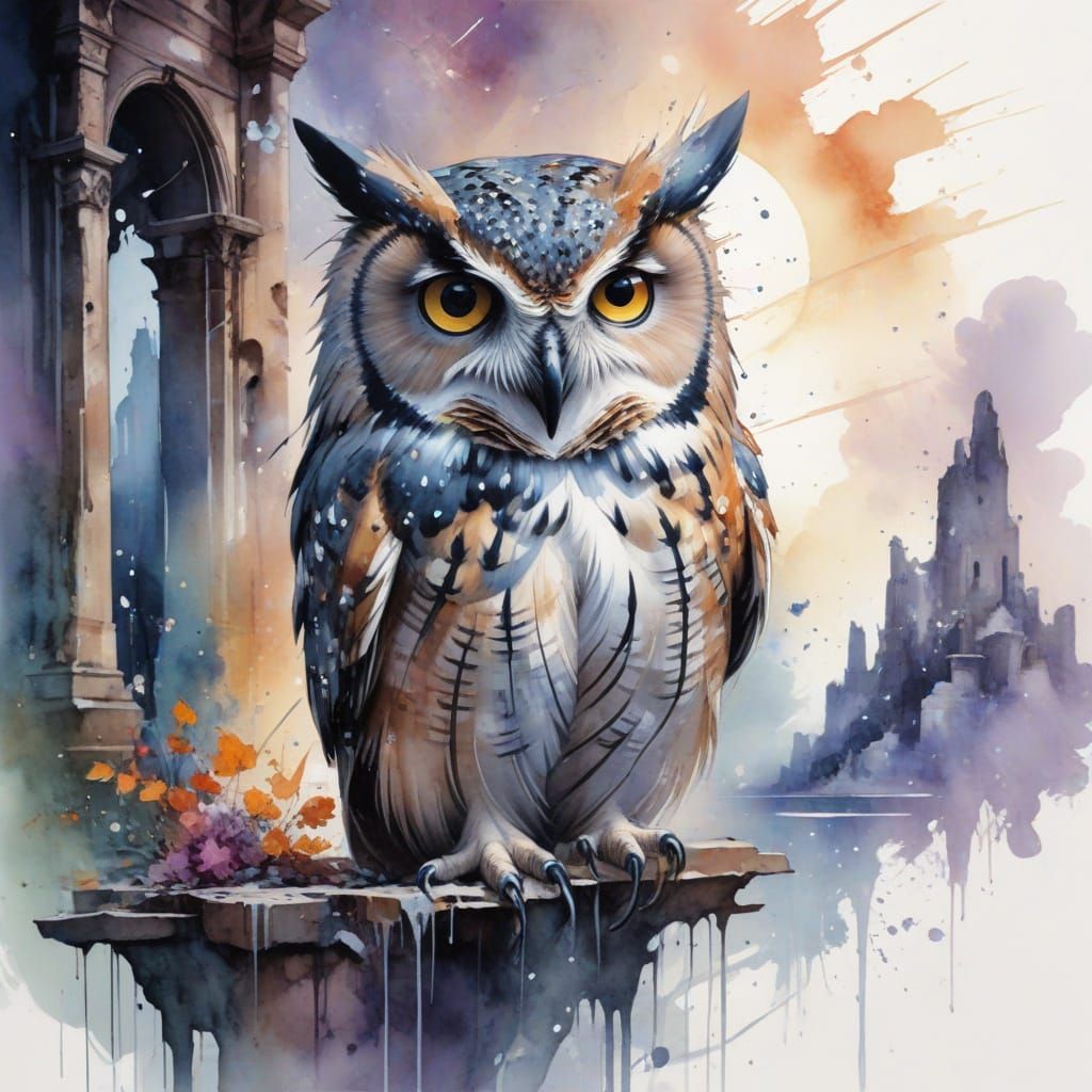 Enchanted Owl Over Crumbling Ruins in Watercolor Style