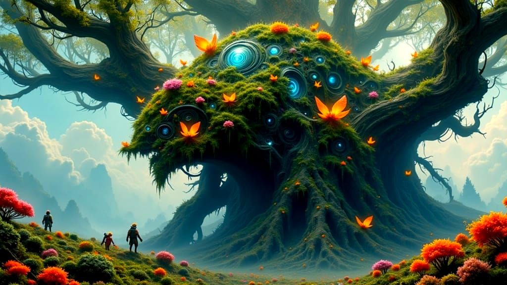 Surreal Robot Tends Bioluminescent Ancient Tree