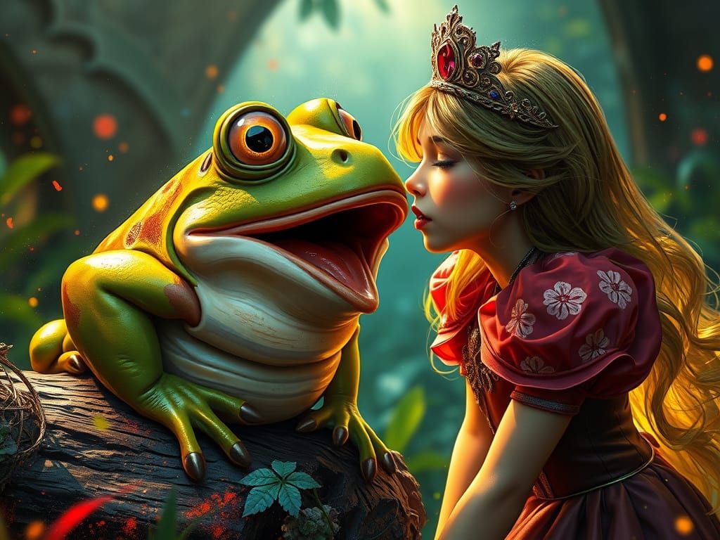 Princess Kisses Shocked Frog in Detailed Digital Art