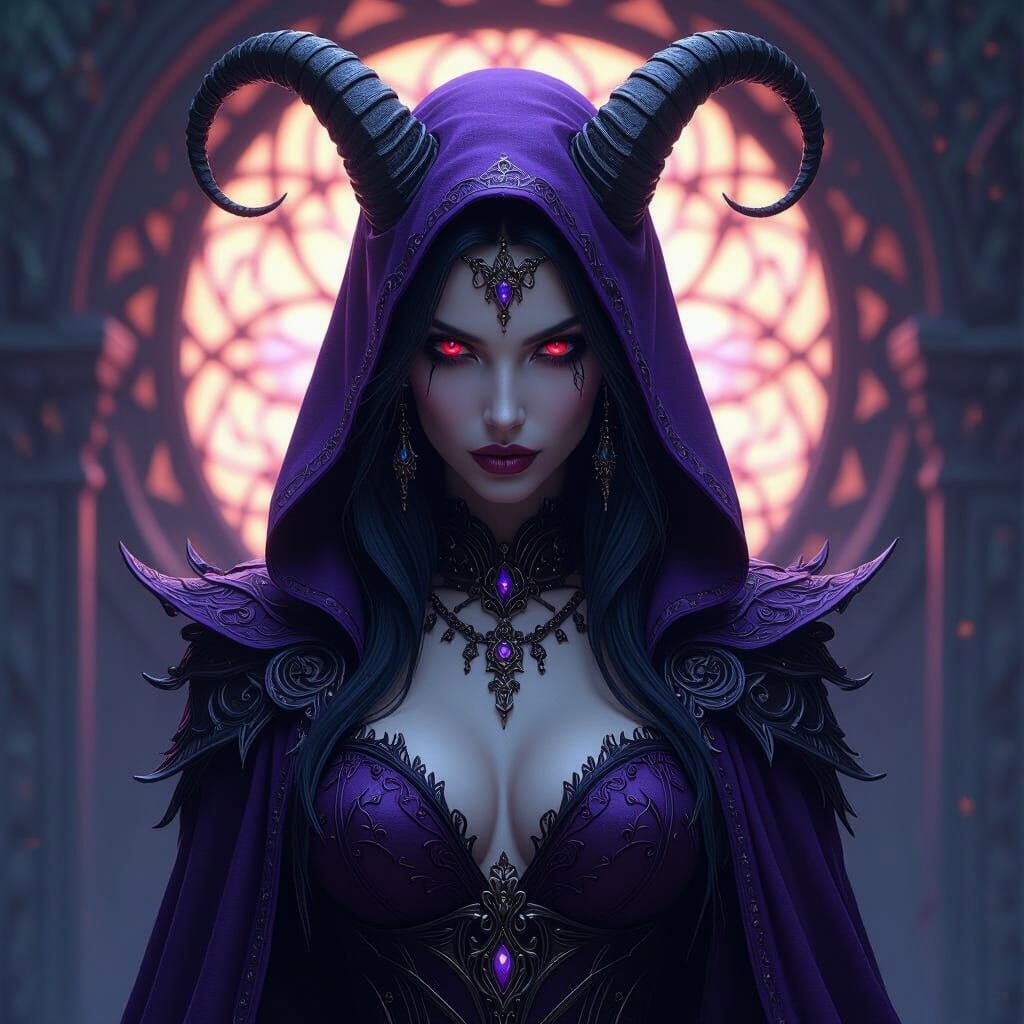 Purple Demon Witch Portrait in Dark Fantasy Style
