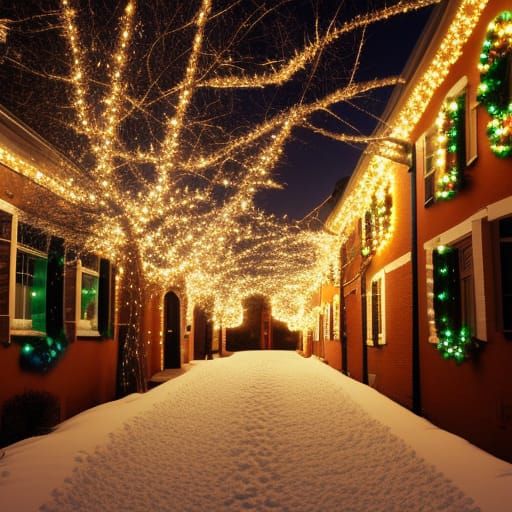 Winter Village Scene with Christmas Lights
