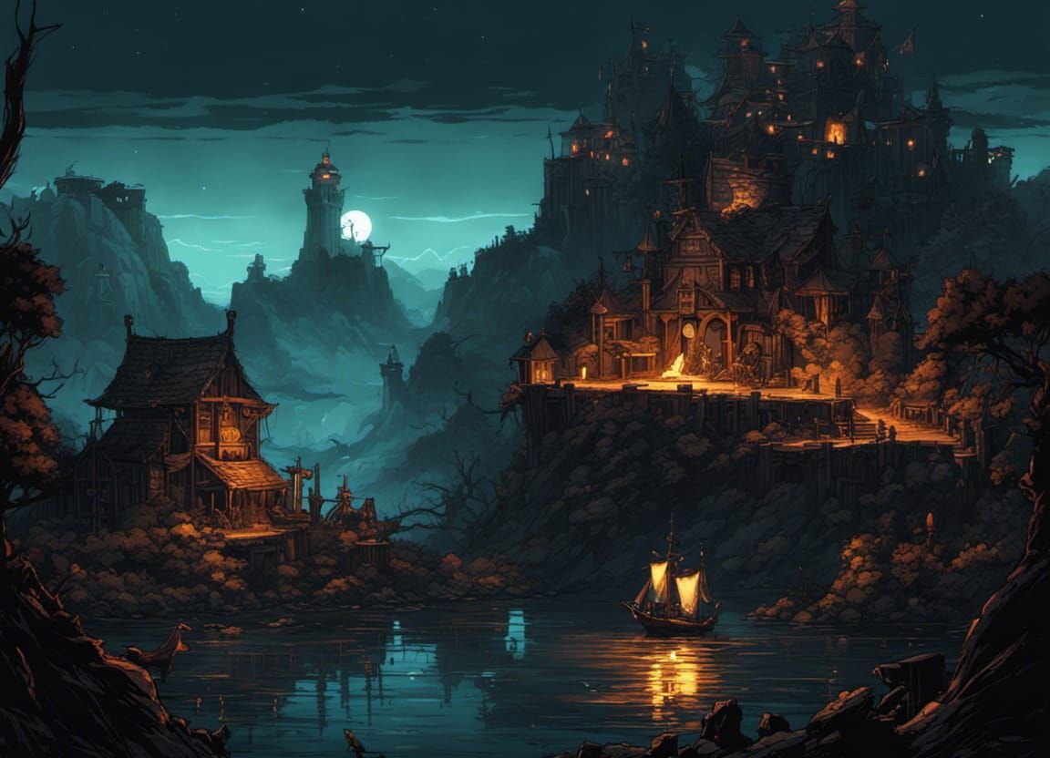 Glowing Pirate Island Landscape in Dark Dungeon Style