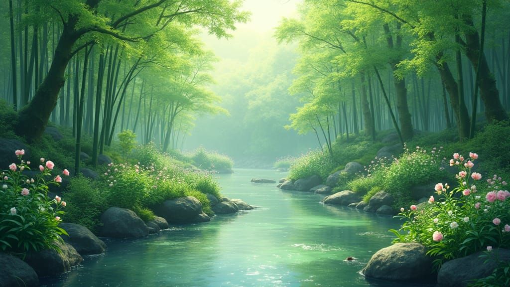 Serene Japanese Garden Scene with Gentle Stream and Vibrant ...