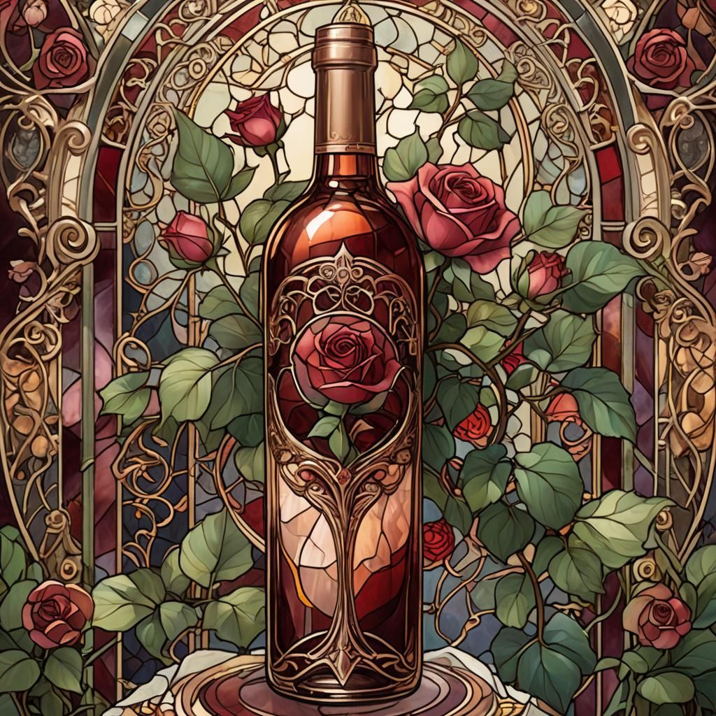 Detailed fantasy concept art. A rose wine bottle with staine...