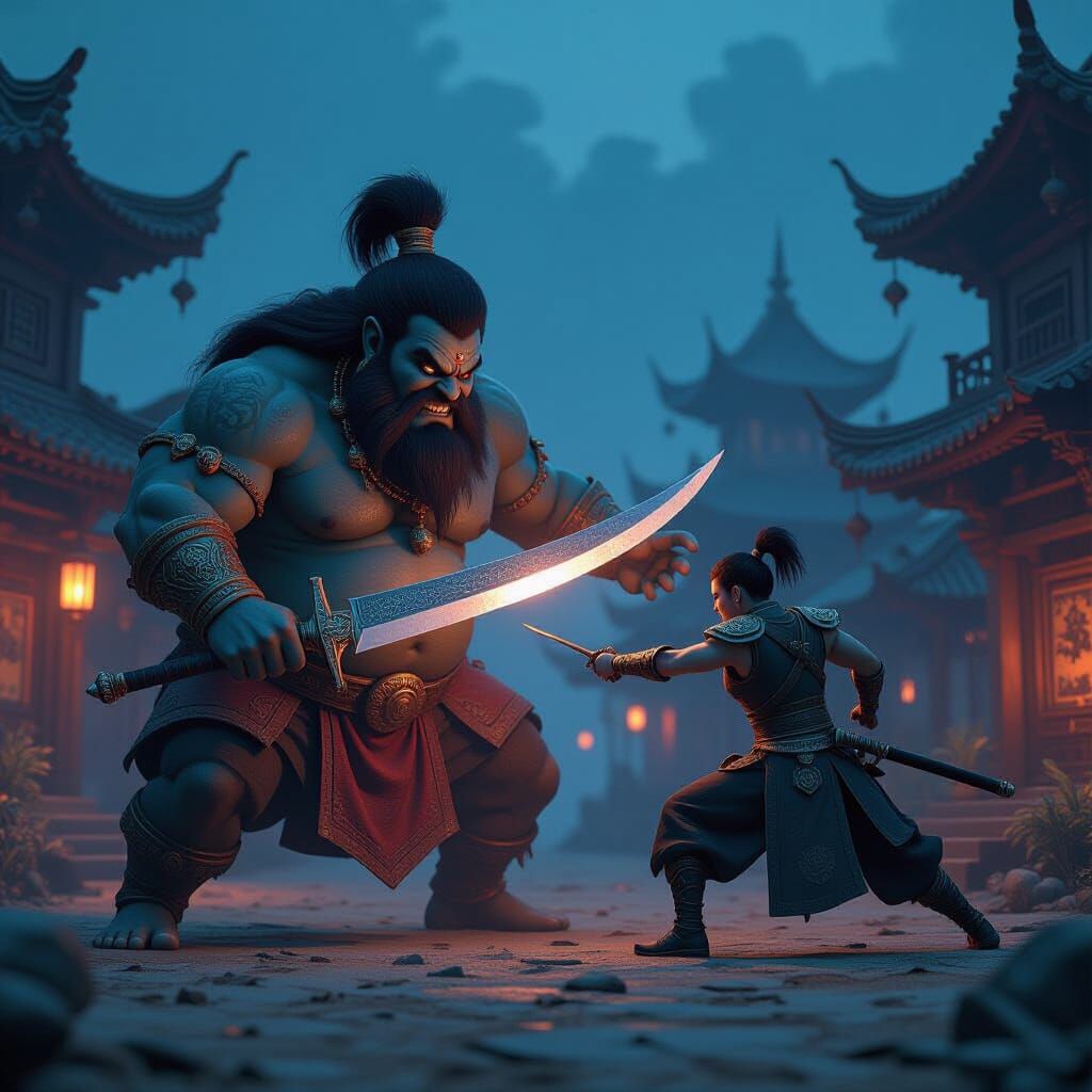 Corpulent Asura Battles Warrior in Dark Village - Matte Pain...