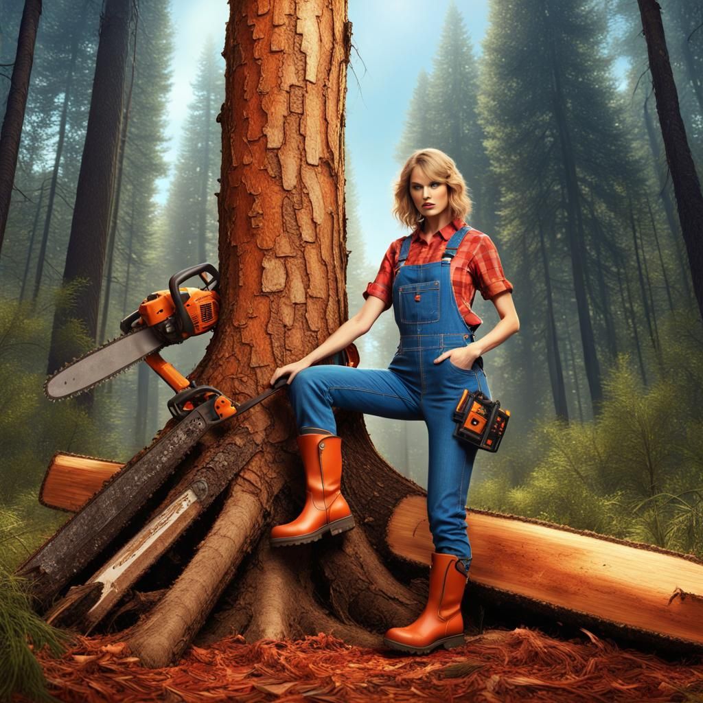 Lumberjack Woman Felling Tree: Digital Matte Painting