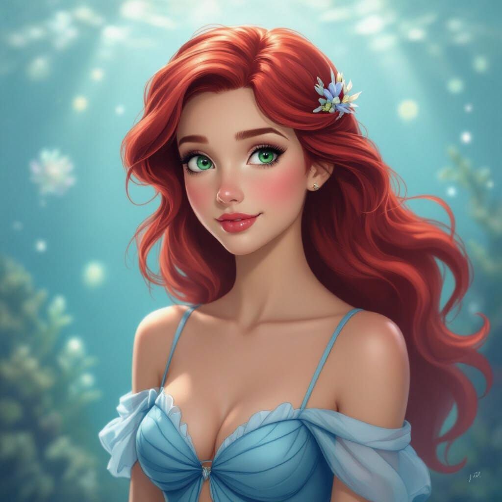 Princess Ariel in a Modest Blue Dress Underwater
