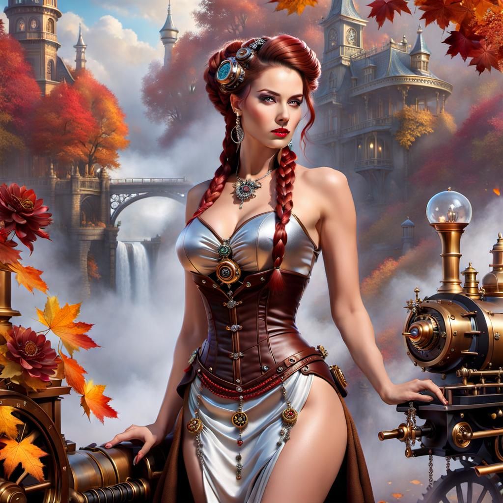 Modern Young lovely Steampunk Woman with Red Brown braided u...