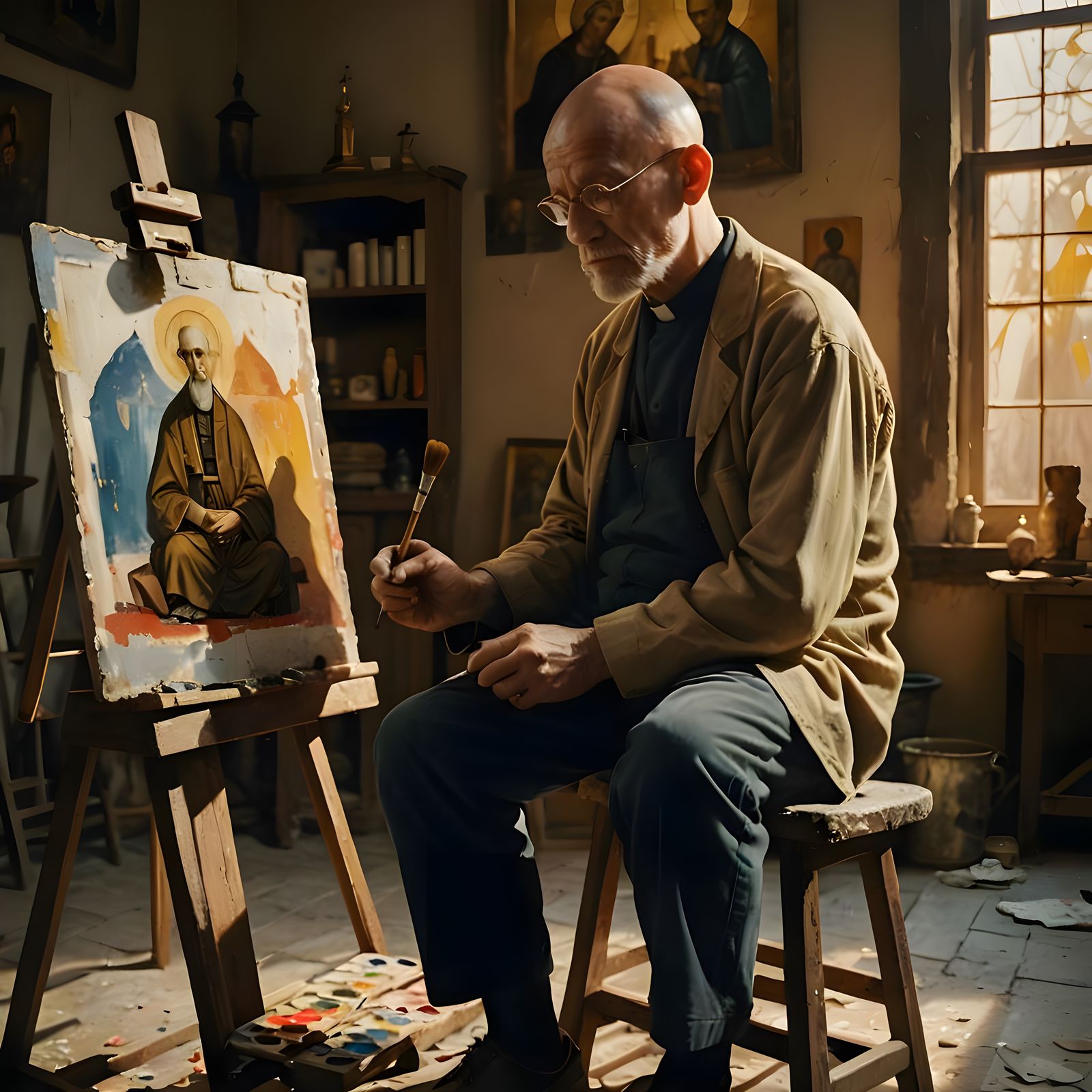 Painter Creating Church Icon in Shabby Atelier