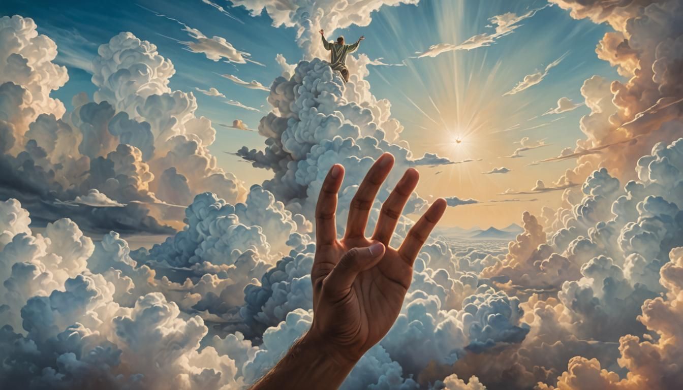 Surreal Image of Figure Sitting on God's Hand