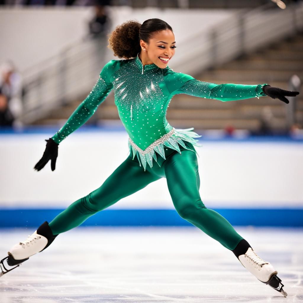 Woman Ice Skating with Magical Emerald Outfit