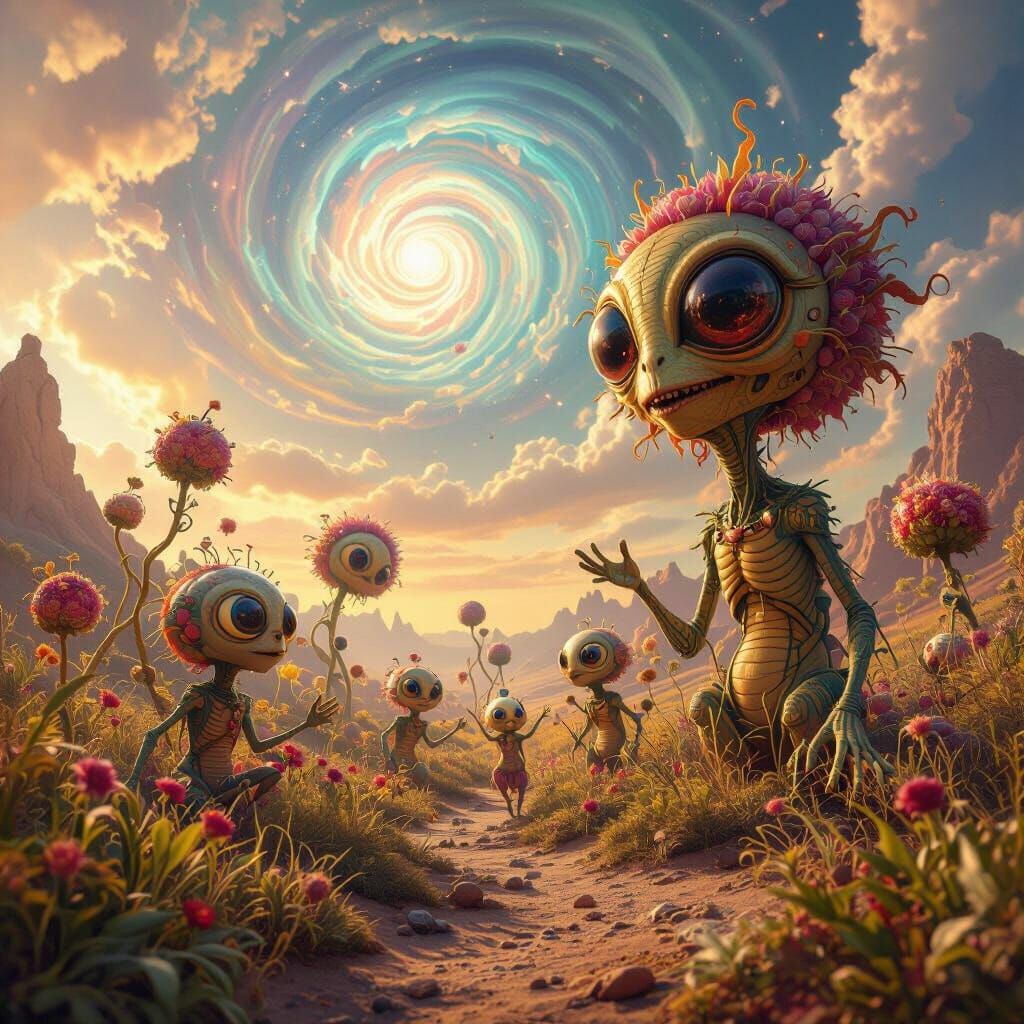 Alien Harvest Festival with Bulbous Lifeforms and Cosmic Sky