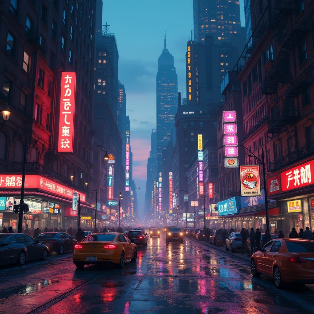 New York Cityscape at Dusk in Cyberpunk Style