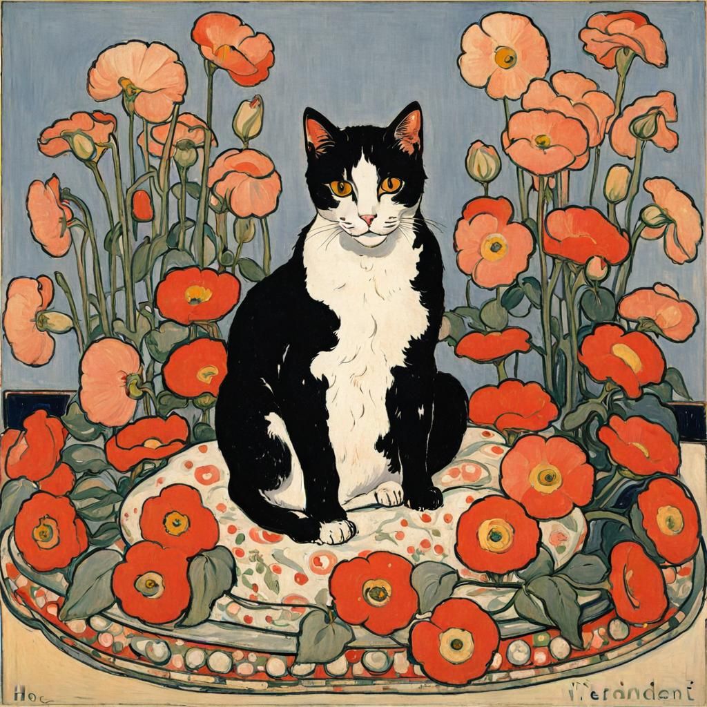 Cat Surrounded by Flowers in Hodler Style