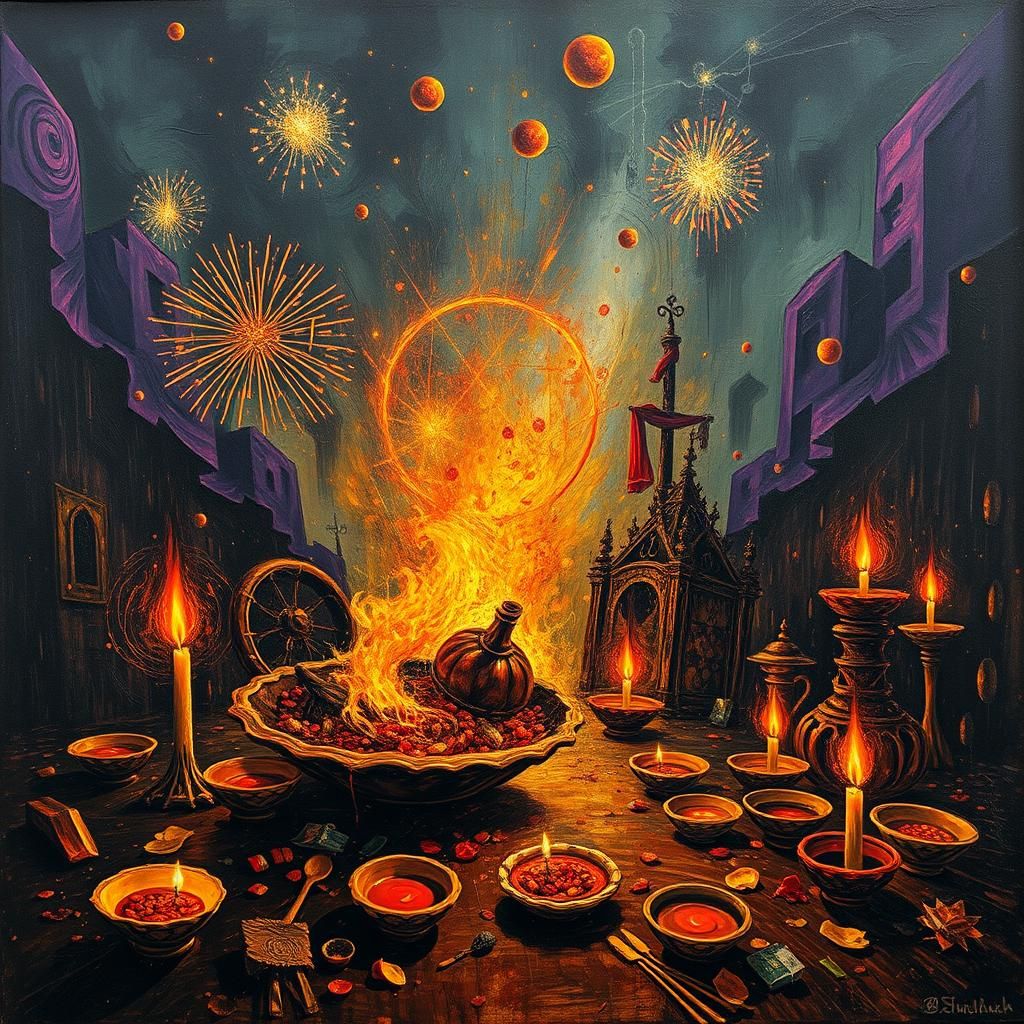 Surreal Diwali Scene in Impasto Style with Apocalyptic Eleme...